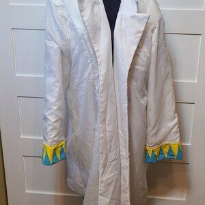 White Cosplay Costume Jacket with Blue & Yellow Trim – Unisex – Long Coat